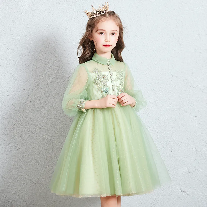Довольно зеленый тюль с длинными рукавами Короткие платья для девочек-цветочниц Конкурсные платья для девочек Юбка для дня рождения / вечеринки для девочек Повседневное платье на заказ SZ 2-12 D321068