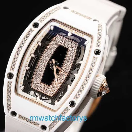 Lässige Armbanduhr Unisex RM-Armbanduhr Damenserie Rm07-01 Black Lip 18 Karat Roségold Schneediamant Automatische mechanische Damenuhr aus weißer Keramik Damenuhr Black Lip