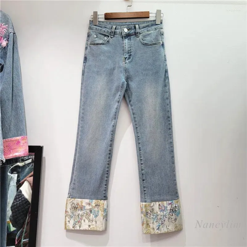 Women's Jeans Chinese Style Stretch Denim Pants For Women Exquisite Rhinestone Embroidered 2024 Spring And Summer High Waist