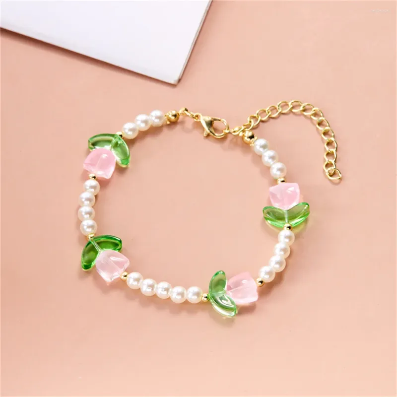Charm Bracelets Fashion Delicate Imitation Pearl Tulip Flower For Women Elegant Cute Resin Floral Plant Aesthetic Jewelry
