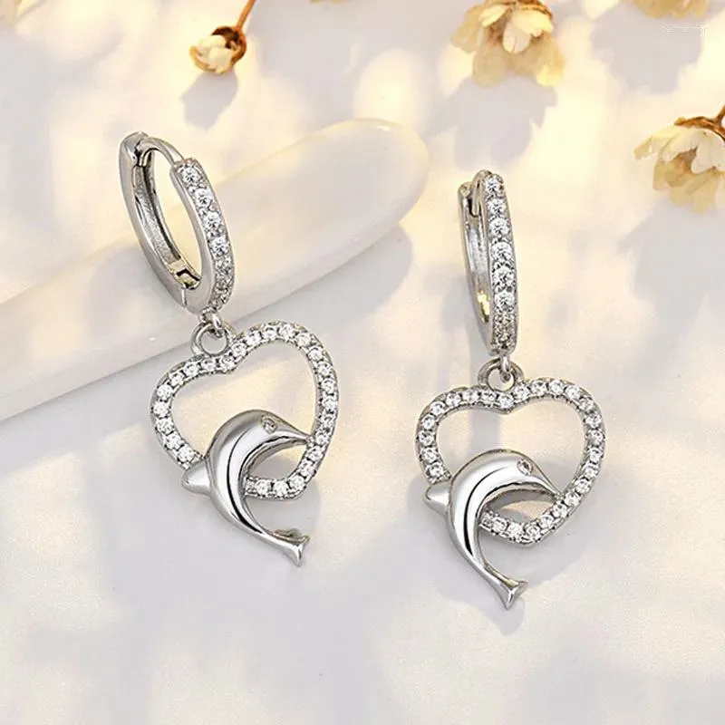 Boucles d'oreilles pendantes en argent Sterling 925, pendentif en forme de cœur pour femmes, cercle solide, couleur or, bijoux en forme de dauphin, cadeau