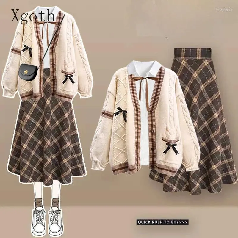 Work Dresses Xgoth Winter Skirt Set Lapel Casual Loose White Shirts Knitted Cardigan Tops A-line Plaid Skirts Korean Fashion Three Piece