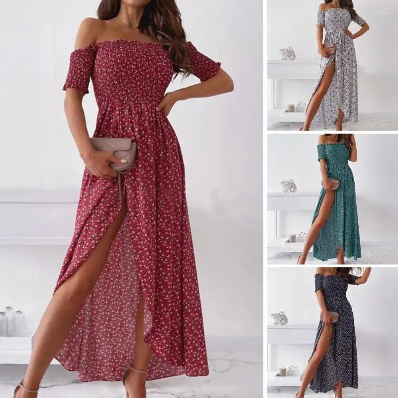 Robes décontractées Mode Summer Off Épaule Large Hem Robe Coloré Angle Longueur Fête Vintage Sundress Bohème Maxi Femme Boho