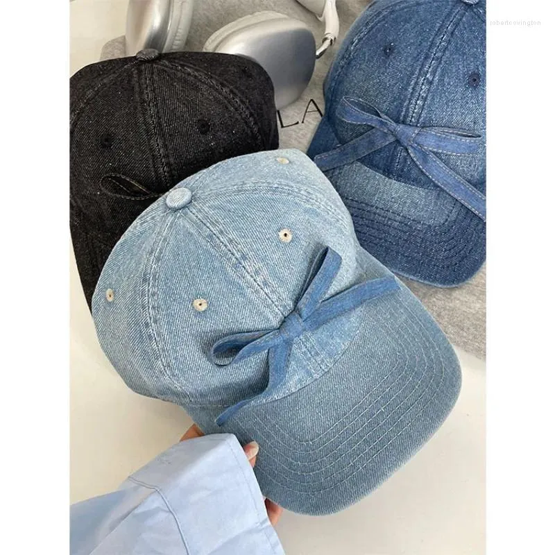 Bollkapslar koreansk version av DIY Bright Line Bow -remmen Baseball Cap Women's Face Liten gata söt justerbar casual denimhatt