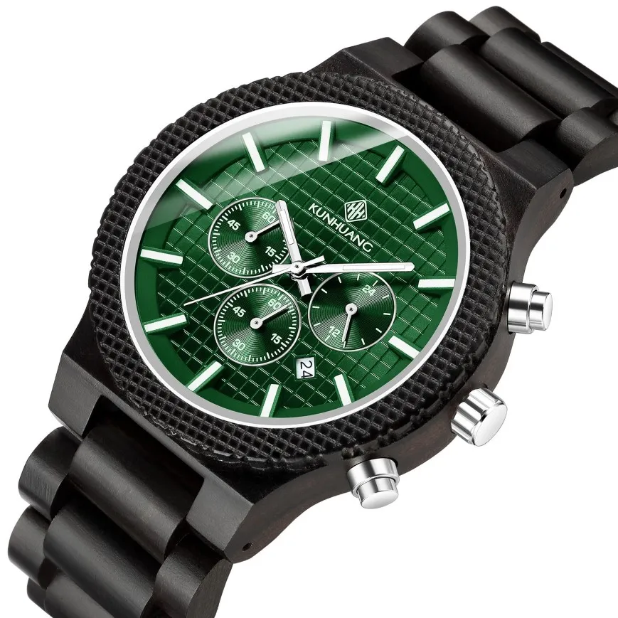 ファッションラグジュアリーメンズウッドウォッチクロノグラフラミナス多機能木製腕時計Quartzレトロスポーツウォッチ2635
