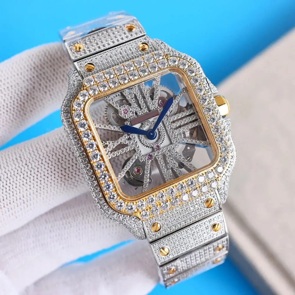 Relógio de pulso de quartzo masculino com pulseira de aço cravejado de diamantes de alta qualidade 39,8 mm fino 9 mm com pulseira de aço cravejada de diamantes Montre de Luxe