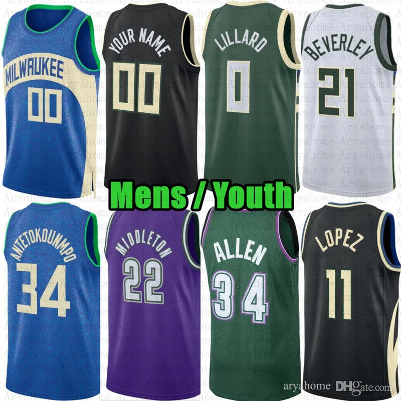 Anpassade herr Youth Giannis Antetokounmpo Damian Lillard Basketball Jersey Milwaukees Khris Middleton Buck Bobby Portis Jr Brook Lopez Beasley Patrick Beverley