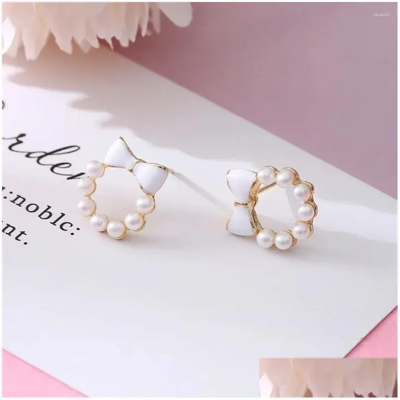 Stud Oorbellen 2024 Koreaanse Elegante Mode Ronde Kristallen Krans Boog Voor Vrouwen Imitatie Parels Sieraden Oorbellen Gift Drop Levering Otfas