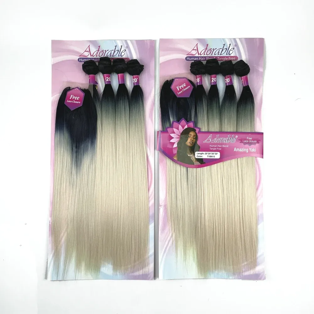 Packa ombre blond färg yaki raka syntetiska buntar med spetsstängning för svart kvinna 20 tum T1b613 Amazing Yaki 4sts