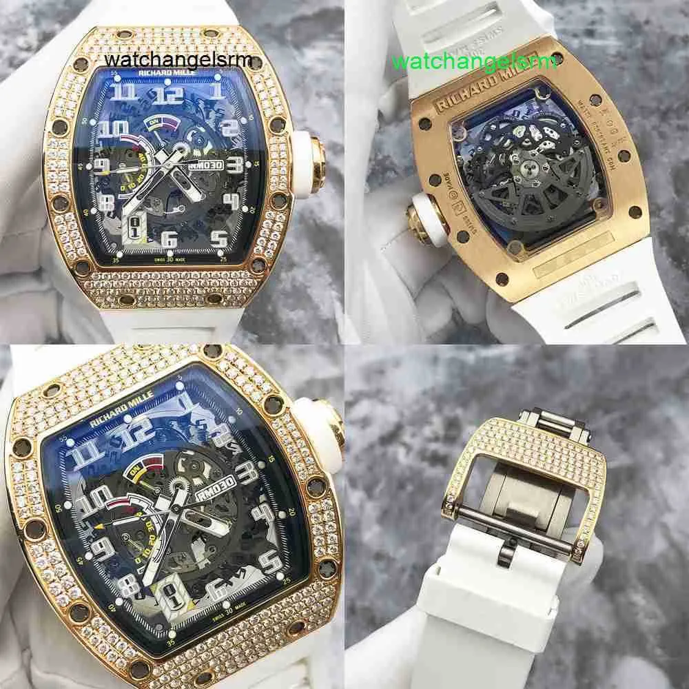 Male Timepiece Wristwatch RM Wrist Watch RM030 Rear Diamond 18K Rose Gold Mens Hollow Watch Barrel Type Automatic Mechanical Watch