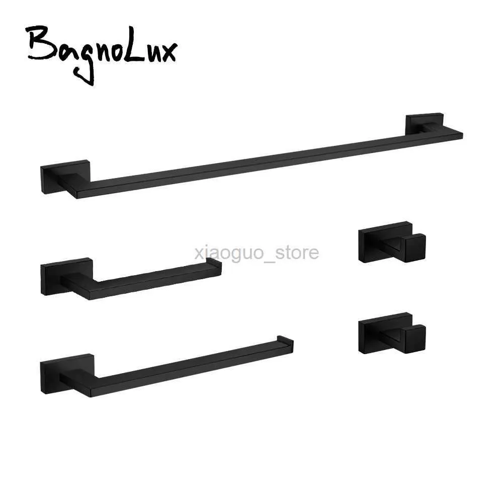 Towel Rings Bathroom Accessories Black 5 pcs Bathroom Hardware Accessories Set Wall Mounted Towel Bar Set Robe Hook Paper Holder Towel Ring 240321