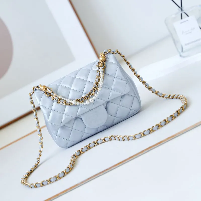 Women crossbody bag Fashion shoulder bag Top designer tote bag Luxury handbags Mini pocket bag Top quality lambskin handmade & Pearl chain embellishment