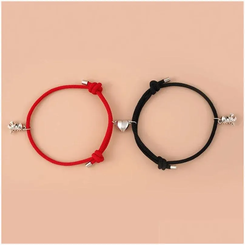 Charme Pulseiras 2 Pcs Magnético Aço Inoxidável Dinossauro Pingente Coração Casal Amante Amigo Homens Mulheres Trança Corda Bangle Drop Delivery Judeu OTGFV