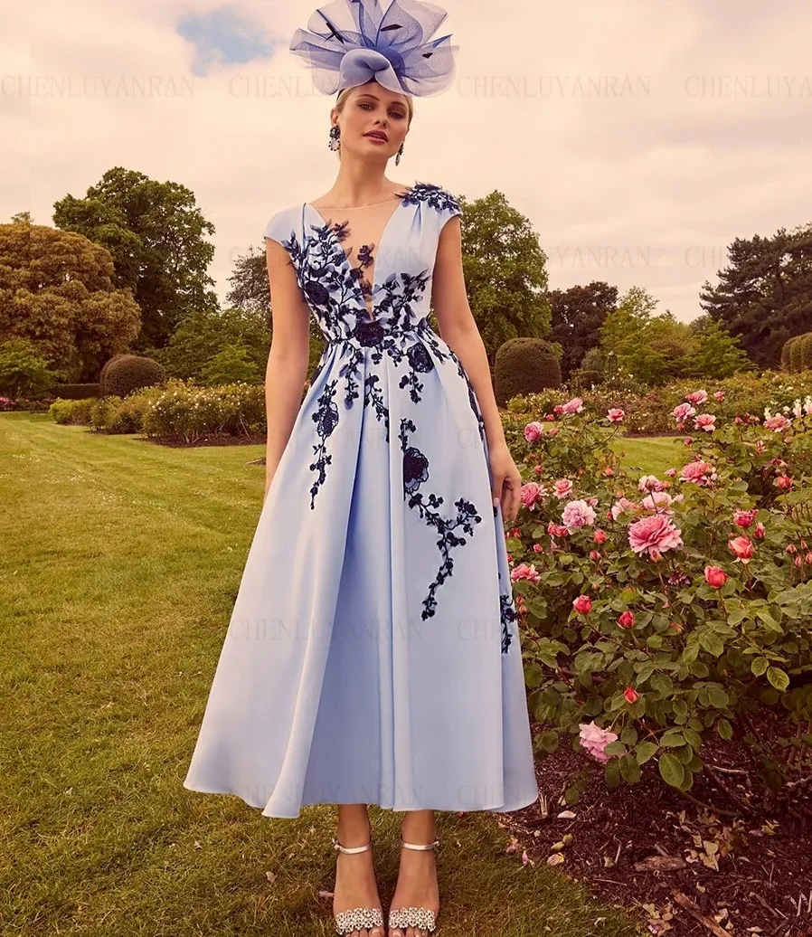 Céu azul apliques mãe da noiva vestido 2024 com decote em v cetim vestidos de convidados mangas a linha vestidos de festa de casamento robe de soiree