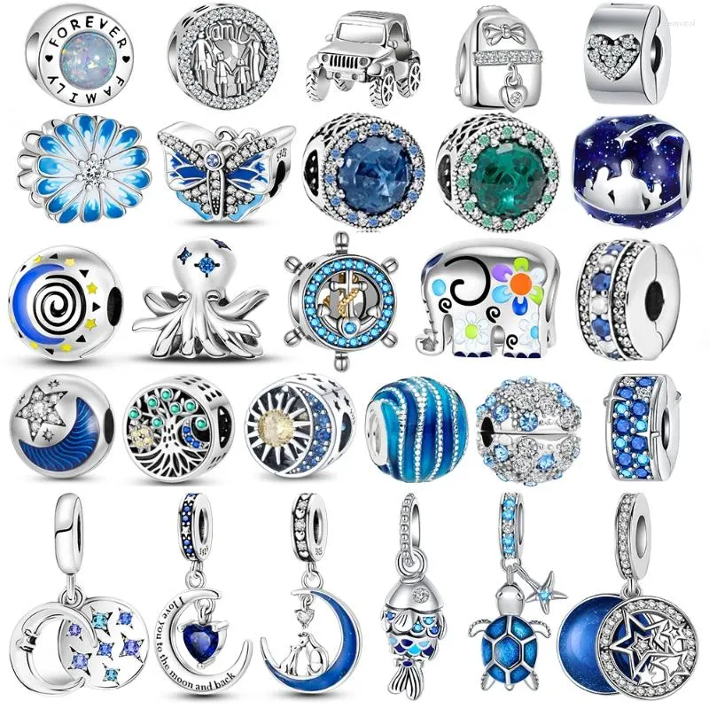 Loose Gemstones 925 Sterling Silver Fit Original Bracelet Charm Jewelry DIY Blue Clip Bead Galaxy Starry Sky Series Pendant Moon