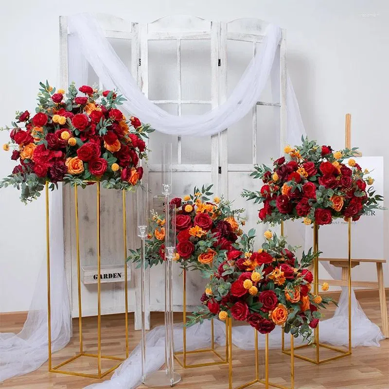 Decorative Flowers Red Artificial Rose Wall Wedding Plant Eucalyptus Backdrop Valentines Day Decor Flower Ball Table Centerpiece Stand