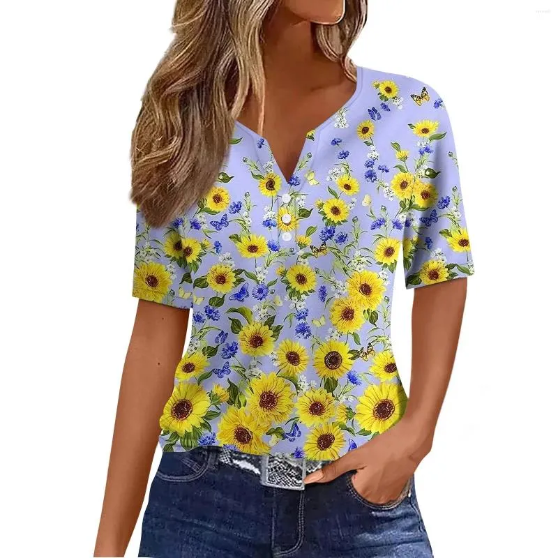 Kadın Tişörtleri Sıradan Ayçiçeği Baskı V Yastık Kısa Kollu Dekorasyon Düğmesi T-Shirt Üstü Kadın Moda Bluz 2024 Gömlek Y2K