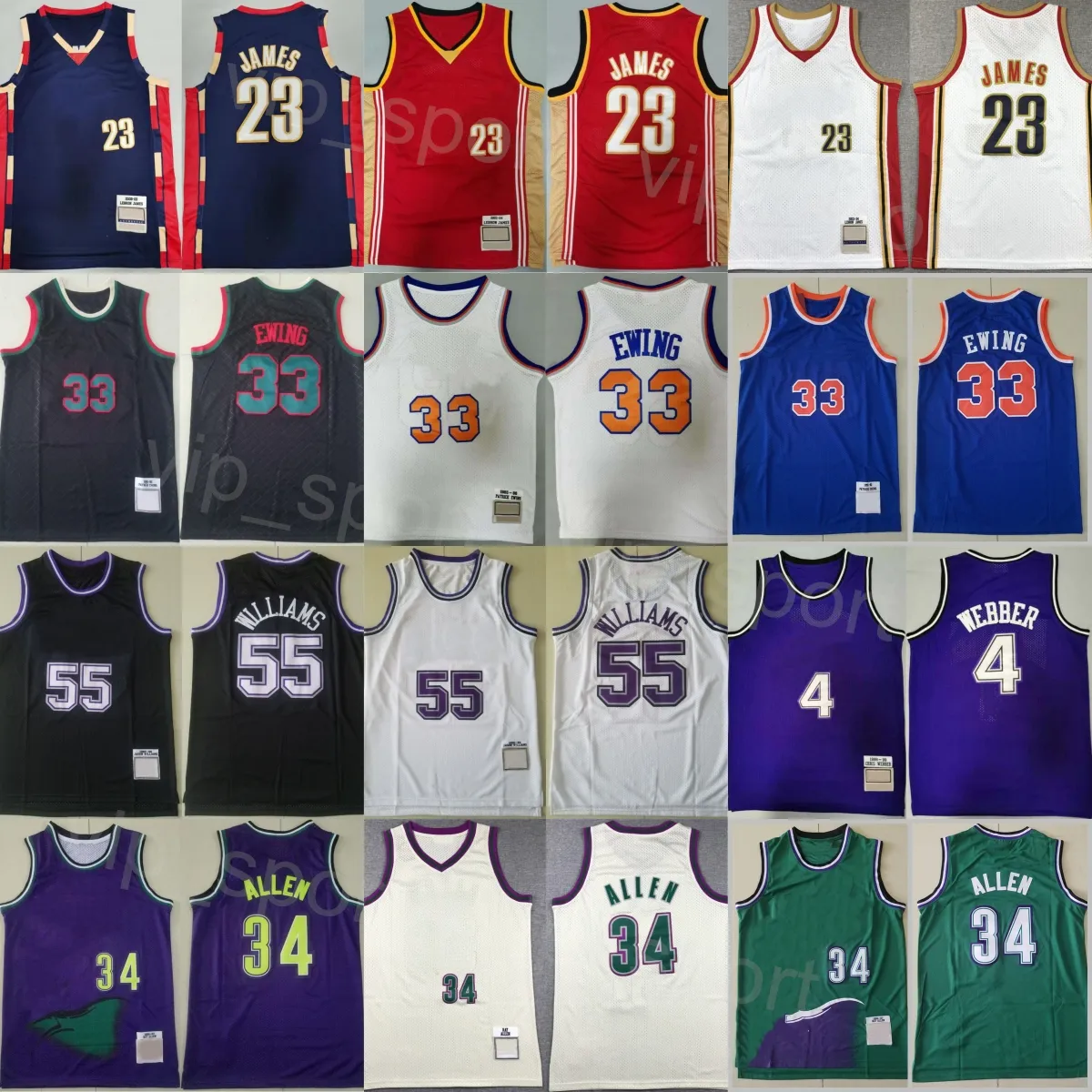 Retro Basketball Patrick Ewing Jerseys 33 Man Vintage Ray Allen 34 LeBron James 23 Jason Williams 55 Chris Webber 4 Michael Mike Bibby 10 Throwback Black Blanc Purple