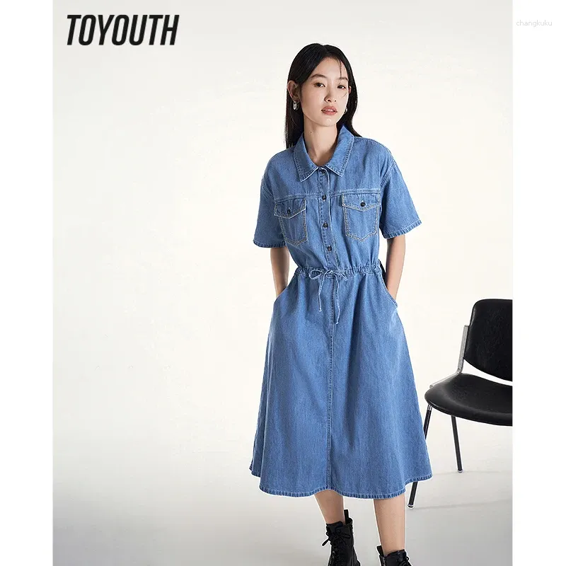 Vestidos de festa toyouth mulheres denim vestido 2024 verão mangas curtas polo pescoço em forma de renda até cintura puro algodão solto moda meados de comprimento