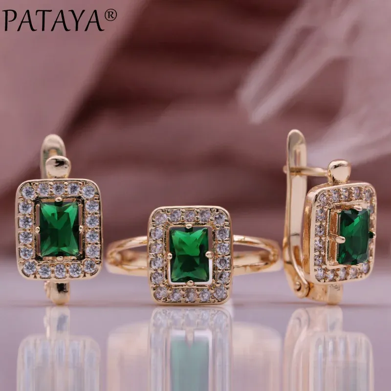 Charme Pataya nouvelle tendance géométrique cadeau 585 couleur or Rose boucles d'oreilles ensemble de bagues carré naturel Zircon Noble mode ensemble de bijoux pour les femmes