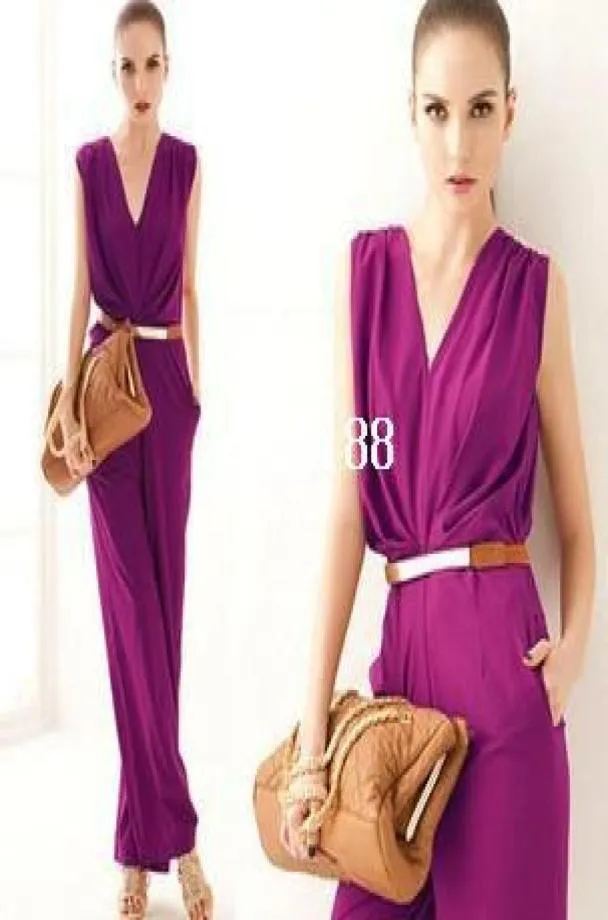 Ol Style Jumpsuits Nowa moda 2014 Krótkie kobiety Vneck Sleveless Belt Palazzo Palazzo Pants Jumpsuits High talle kombinezon dla kobiet6963693