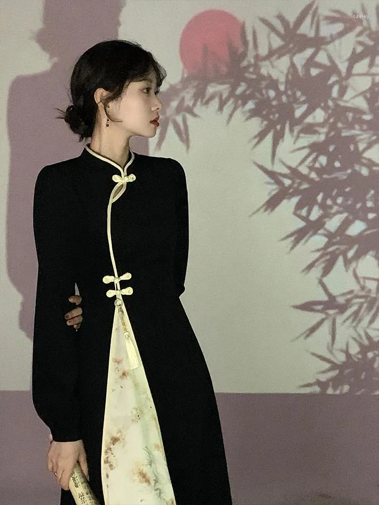 Casual Dresses Dress Long Sleeve Women's Stitching Blooming One Button Black Fashion Slim Chinese Retro Cheongsam Jacquard Spring AndAutumn