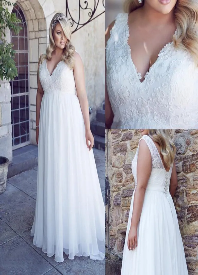 Chiffon Applique Lace Plus Size Beach Wedding Dress Corset Back White Empire V Neck Bridal Gown 26W Robe de Soiree Longue1158668