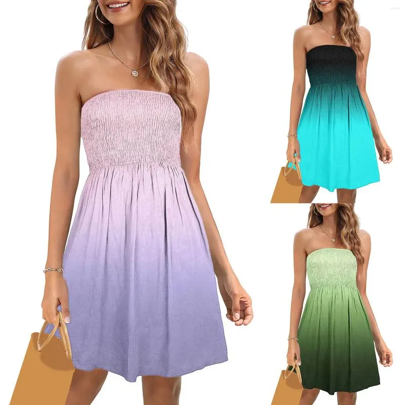 Casual Dresses Women's Summer Strapless Mini Gradient Smocked Beach Tube Top Dress Cover Ups For Swimwear Bandeau Sundress