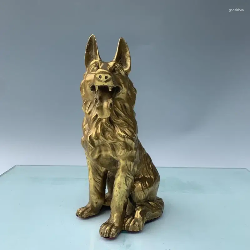 Dekorativa figurer Copper mässing Ferocious Sit German Shepherd Dog Casting Statue Fengshui Lycka till Animal Metal Figurine Heminredning