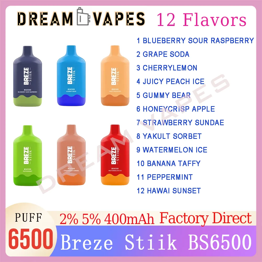 Original Breze Stiik BS6500 Puff Descartável E Cigarros 15ml Pré-cheio Pod Bateria Recarregável 2% 5% Kit 6500 Puffs Vape Pen