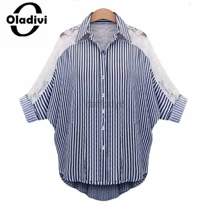 T-shirt damski Oladivi duże damskie rękawy Batwing Striped Lace Shirt 2023 Summer Extra duża koszulka Top Tunika Blusas 6xl 6035 240322