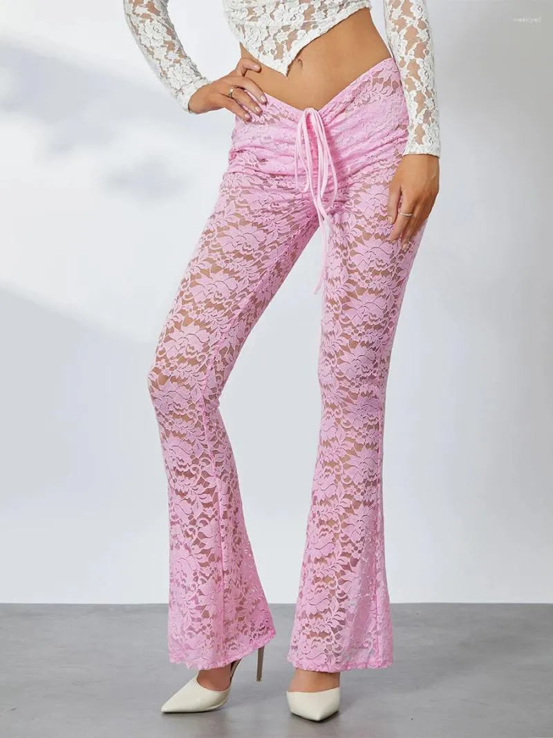 Pantalon Femme Femmes Dentelle Floral Sheer Mesh Flare Pantalon Cordon Low Rise Bell-Bottoms Sexy Voir à travers Party Club Leggings Streetwear