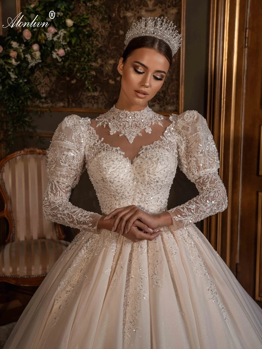 Sparkling High Collar sparkly ballgown wedding dress with Full Puff Sleeves, Beading, Pearls, Embroidery, and Lace Appliques