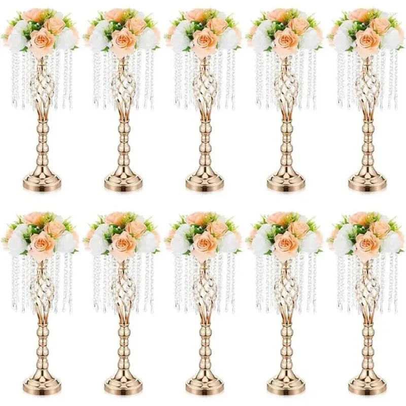 Vases 10 pièces 21,7 pouces centres de mariage en cristal d'or pour les tables avec support de lustre en métal support décorations pour la maison décor de vase