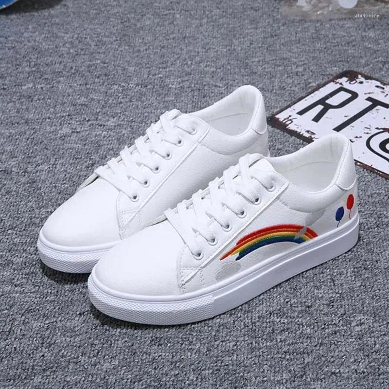 Zapatos Casuales Zapatillas de Mujer con Cordones Deportivos Blancos con Bordado de Arco Iris Vulcanizado para Mujer Planas