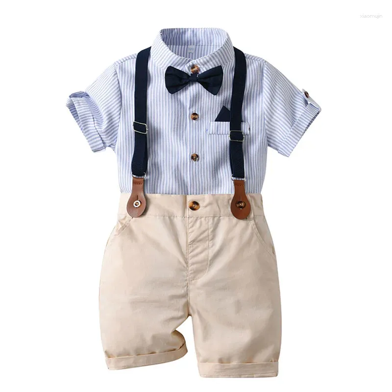 Conjuntos de roupas verão bebê meninos roupas formal terno crianças festa de aniversário vestido bowtie camisa suspender shorts 4pcs cavalheiro 1-6y