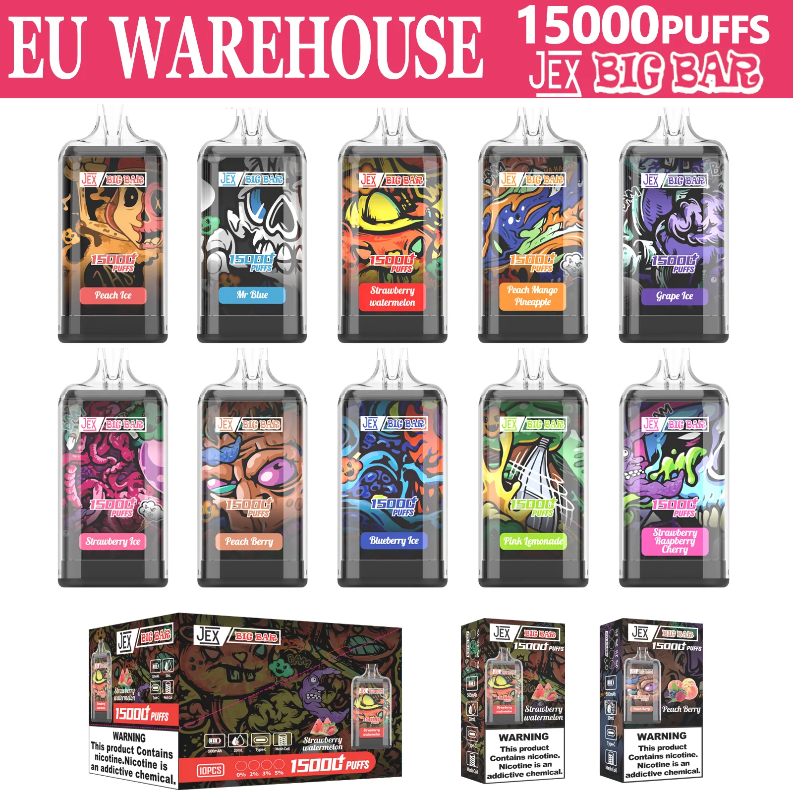 EU Warehouse Jex 15000 Puffs wegwerp puff 15k elektronische sigarettenvapen mesh spiraal oplaad luchtstroomaanpassing Vapes puff shisha randm tornado 20 ml 10 flaovrs