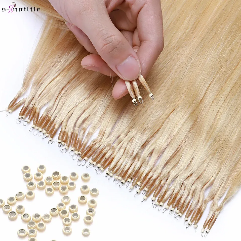 Extensions Snoilte 1g/brin Nano Anneaux Micro Liens Extensions de Cheveux Humains Micro Perle Pré-Collées 1624 pouces 50pcs Droit Blond Naturel