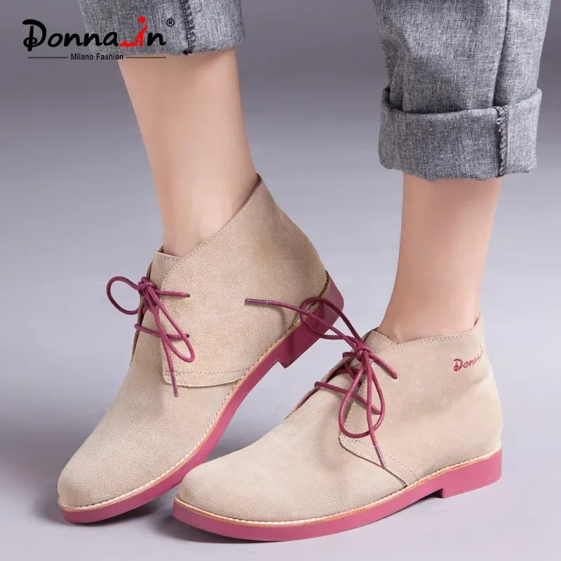 BOTAS DONNAIN 2021 Autumn tornozelo bootis Women Lace Up High Top British Style Derby Sapatos Cow Suede Desert Boots Feminino Sole de borracha