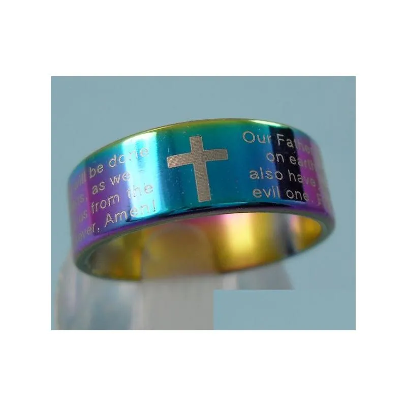 Band Rings 25Pcs English Lords Prayer Cross Mens Rainbow Stainless Steel Jewelry Lots Drop Delivery Ring Dhgarden Dhfta