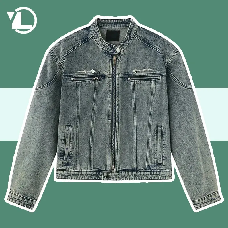 Herrens denimjackor Hip Hop nödställda tvättade metalldesign Bomber Cowboy Coats High Steet Retro Short dragkedja Casual Outwear 240319