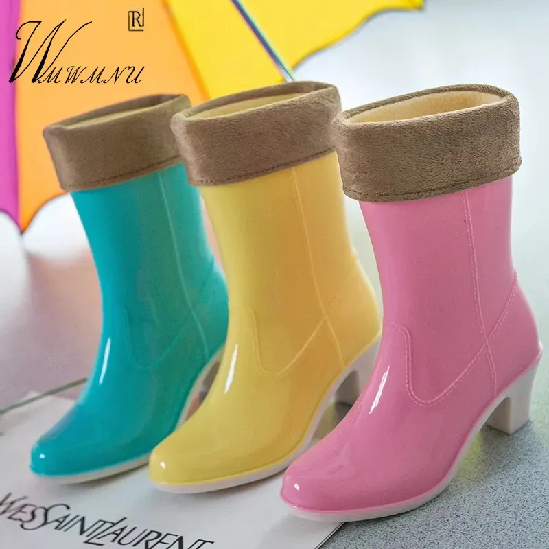 Boots Jelly Pvc non glissade Rubber Rain Boots hiver Winch Warm Short Water Shoes Fashion Slip on Casual Square Talon Confort Bottes de travail