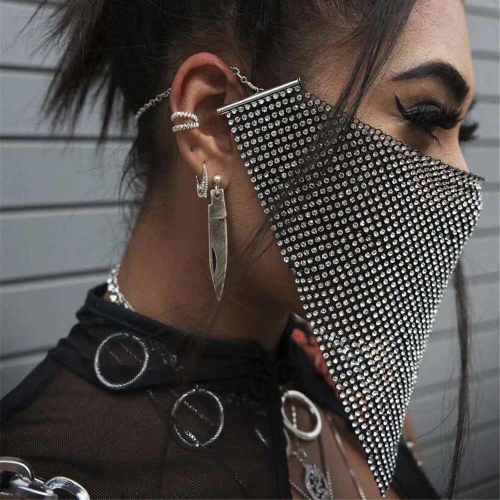 Women Sexy Reticulated Rhinestone Face Mouth Cover Night Club Party Veil-yashmak Punk Gothic Nignt Party Club Decor Accessory