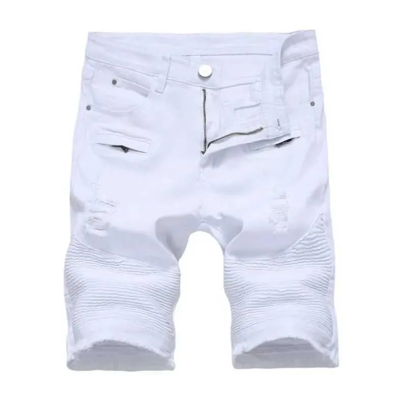 Shorts masculinos verão novos shorts jeans masculinos rua zíperes tendência elástica pregas personalizadas ultra-fino rasgado shorts branco vermelho preto masculino j240322