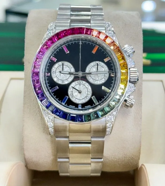 Luxo Men Wristwatch Japão Automático Automático 116509 Diamantes de arco -íris e safiras personalizadas 18K White Gold Watch