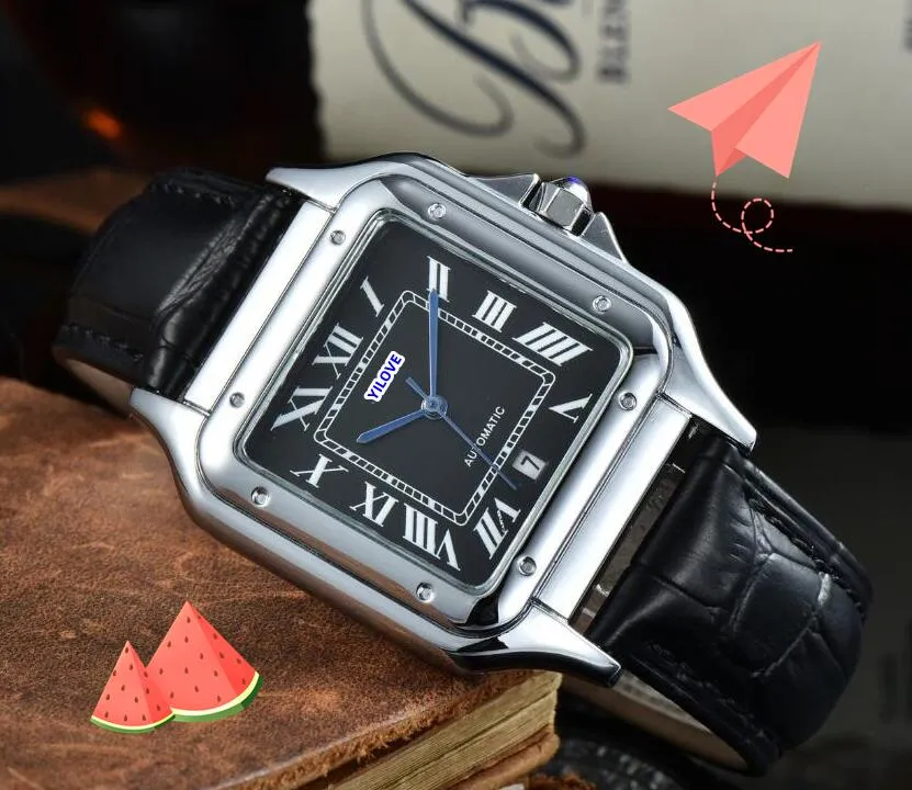 Top Luxury Squre Roman Tank Dial Watch Mens 40mm Sapphire Glass Mirror Clock Day Date Quartz Movement Leather Strap Montre De Luxe Waterproof Wristwatches Gifts