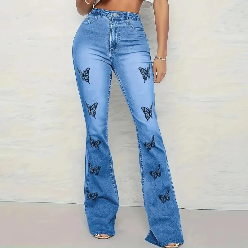 Jeans pour femmes Stretchy Femmes Flare Pantalon Papillon Broderie Slim Fit Bell Bottoms Skinny Femme Taille Haute Maman Pantalon