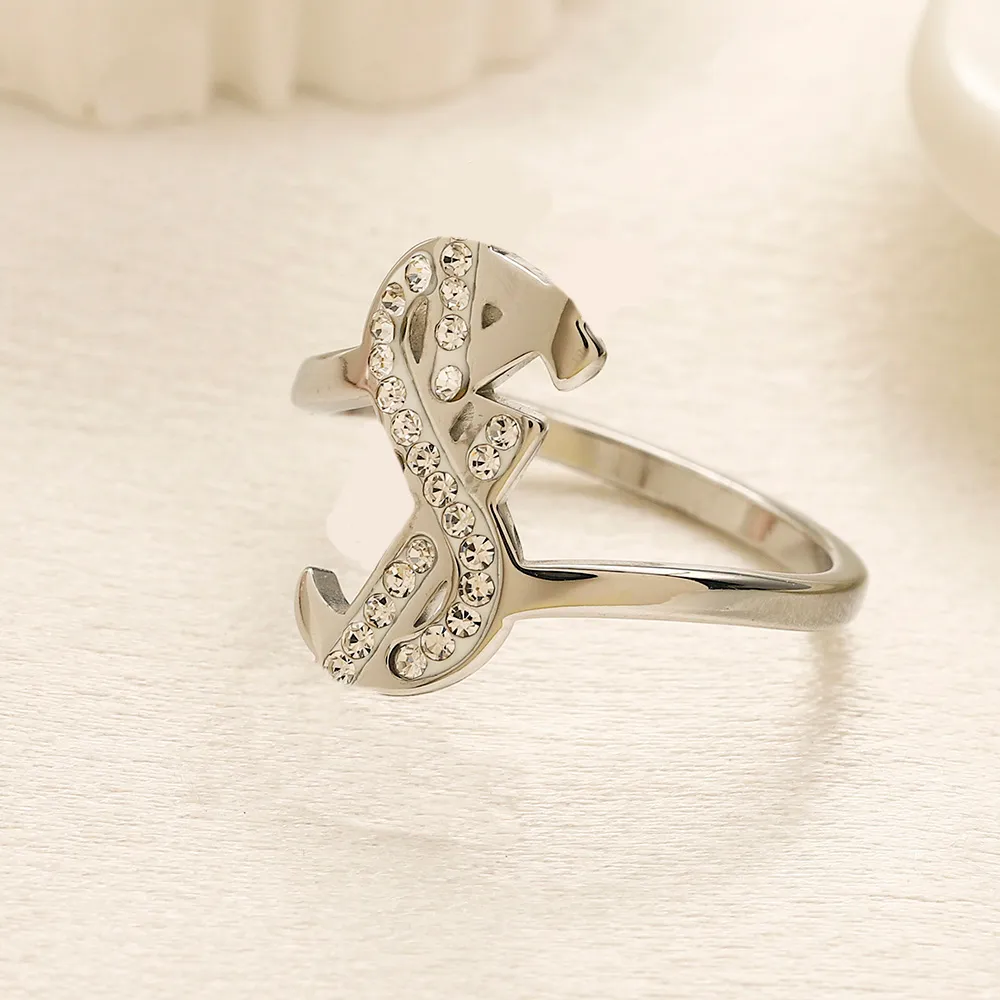 20style rétro créateur de mode marque lettre bande anneaux plaqué or diamant insert en acier inoxydable amour bijoux de mariage fine sculpture bague