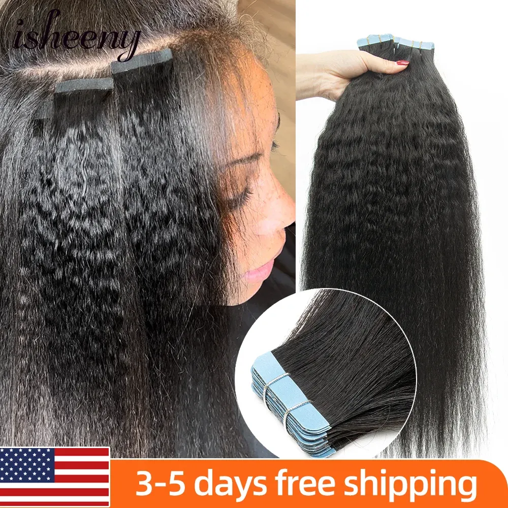 Extensions Isheeny Kinky Straight Tape In Human Hair Extensions 10"24" Seamless Invisible PU Skin Weft Natural Human Hair For Black Women