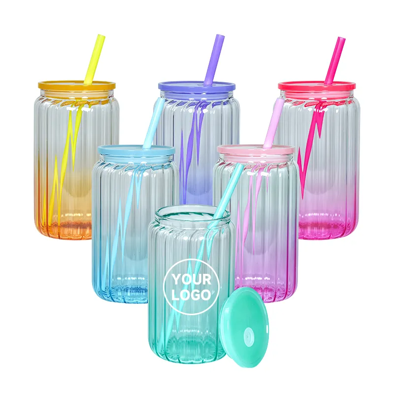 Gobelet en verre de couleurs dégradées de sublimation de 16 oz avec couvercle en plastique coloré pailles bandes de vase en verre tasses pot mason libby can fleurs bouteille